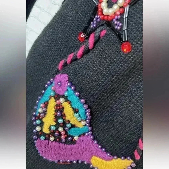 Vintage boho Western chic Cowboy Sweater Black beaded Jewel boots star Woman’s M - Picture 6 of 13